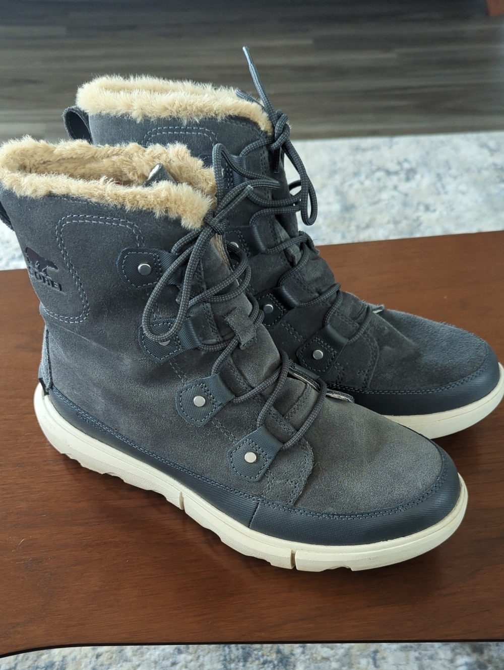Sorel Woman's Explorer Next Joan Waterproof Faux Fur Grill Fawn Gray Winter Boot